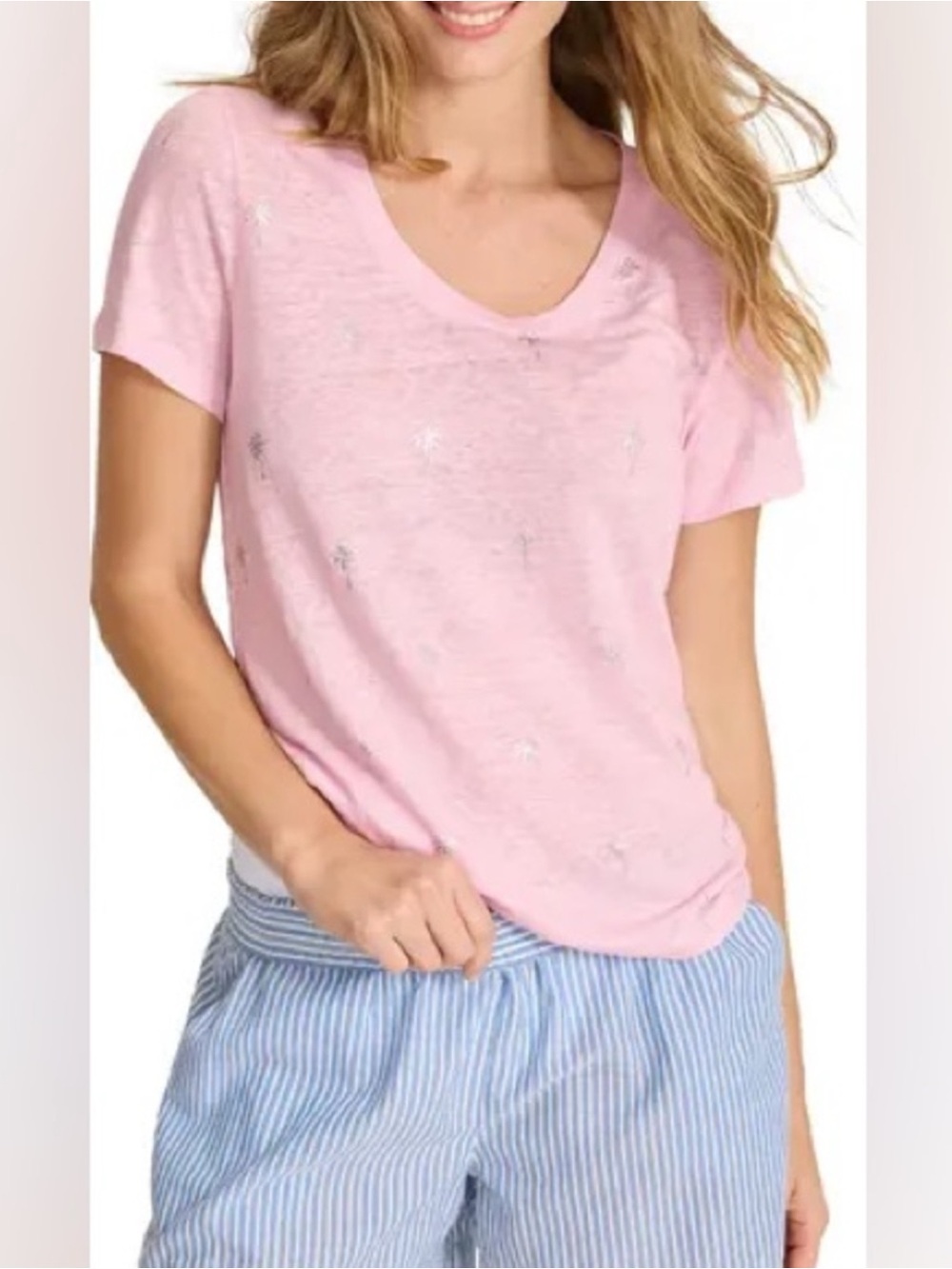 Tommy Bahama Women’s 100% Linen Sheer Baby Tee with Silver Palm Tree Print XS